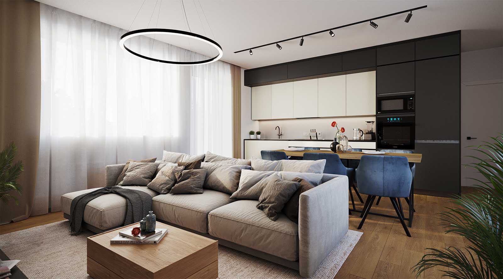 Vizualizace projektu - obývací pokoj a kuchyň